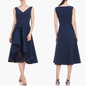 NEW KAY UNGER Midnight BEGONIA Crepe & Chiffon MIDI A-Line COCKTAIL Draped DRESS